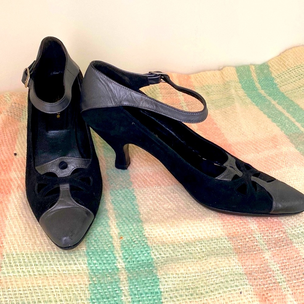 Peter Fox Victorian Style Black Suede/Pewter Leather Mary Jane Heels 7.5